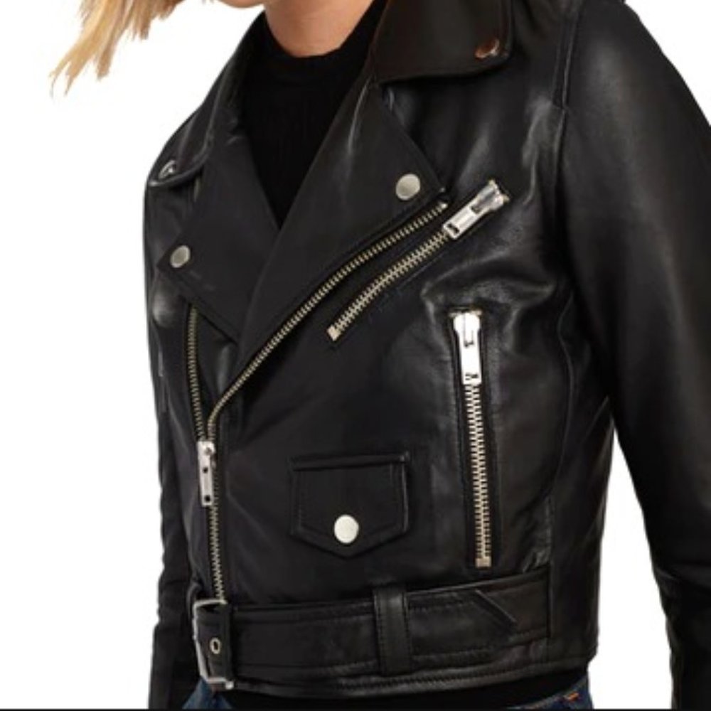 Deadwood Cropped Black Leather Moto Biker Jacket